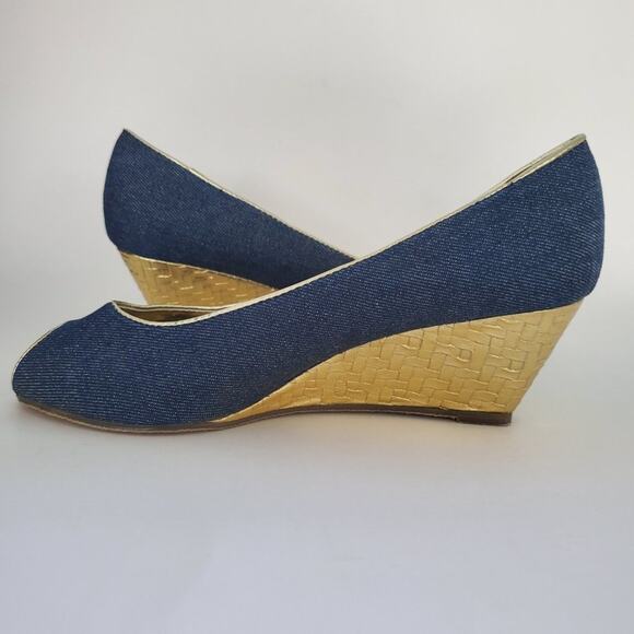 Aj Valenci Open Toe Comfort Blue Denim Wide Wedge Shoes - Picture 6 of 9